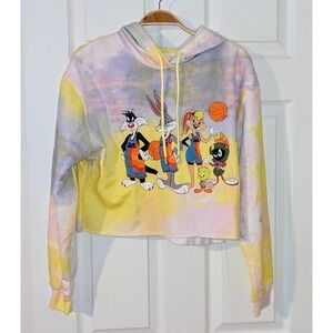 Space Jam Tie Dye Cropped Hoodie Looney Tunes Characters Graphic Print Sz. M NWT